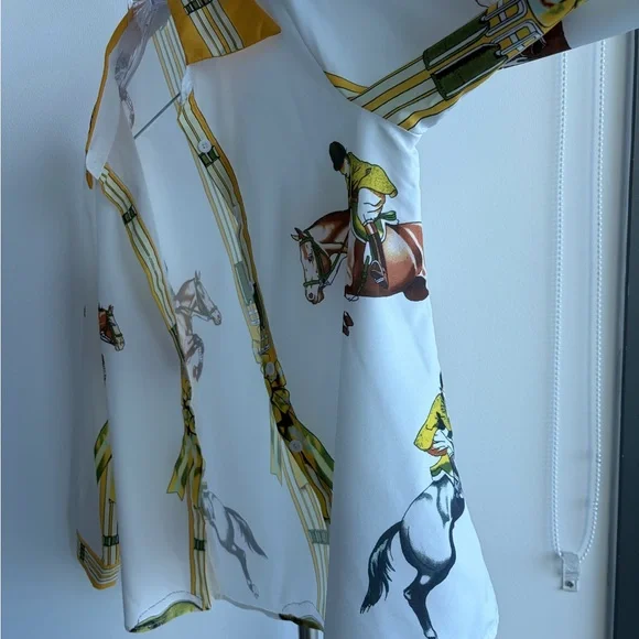 Equestrian Print Button Down Shirt - Yellow and White - Picture 4 of 6